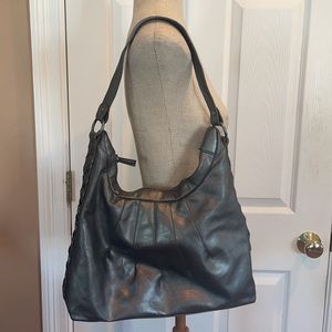 Vtg 1990s faux leather gray silver shoulder bag purse pocketbook large handbag